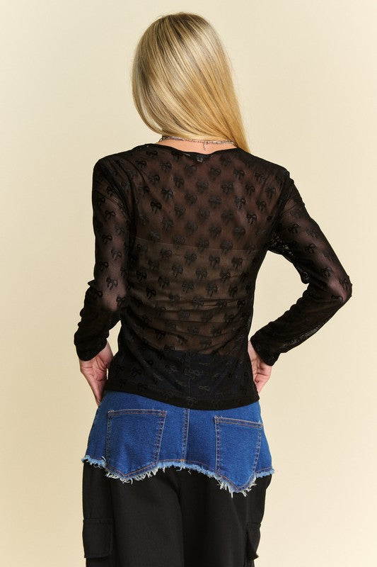 Ana Maria® | Long-sleeved mesh top with bow and crew neck
