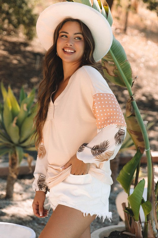 Elena® | Patchwork sweatshirt with polka dot puff sleeves for women