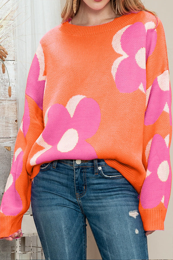 Brenda® | Pink & Orange Floral Cable Knitted Sweater
