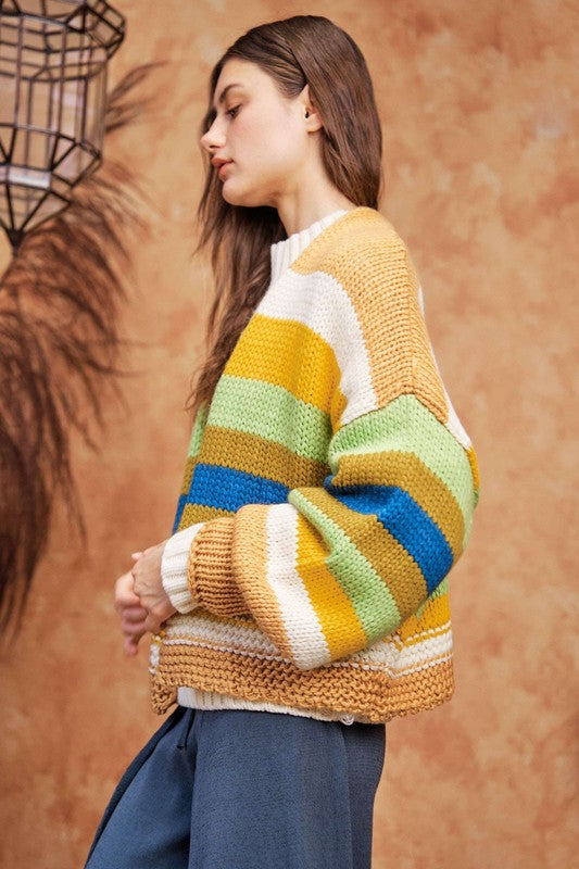 Clara® | Contrast striped, open front cardigan with lantern sleeves