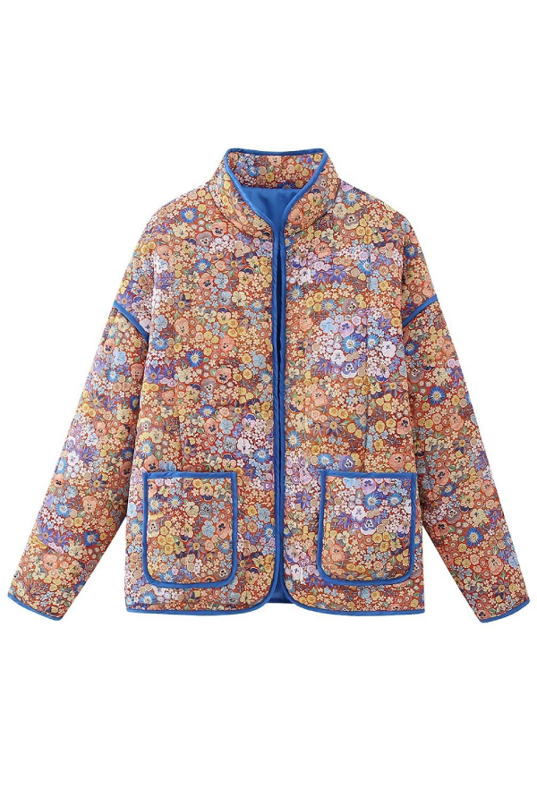 Cielo® | Printed Colorblock Large Pocket Stand Collar Quilted Cotton Jacket