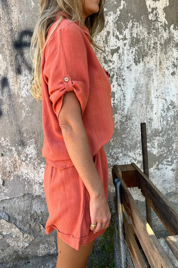Aranza® | Orange cotton and linen summer suit with short sleeves