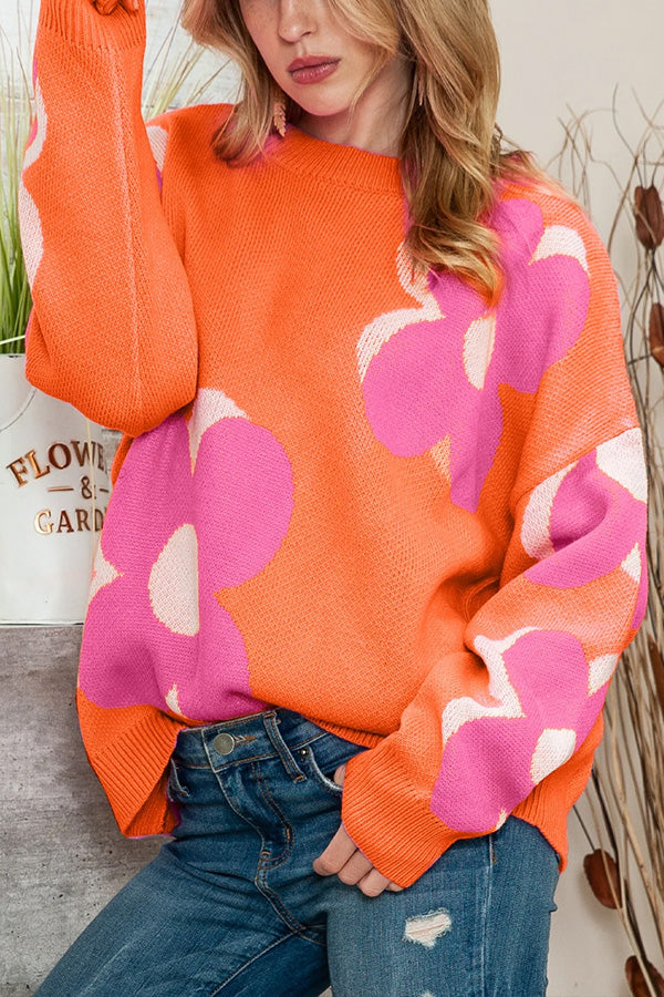 Brenda® | Pink & Orange Floral Cable Knitted Sweater
