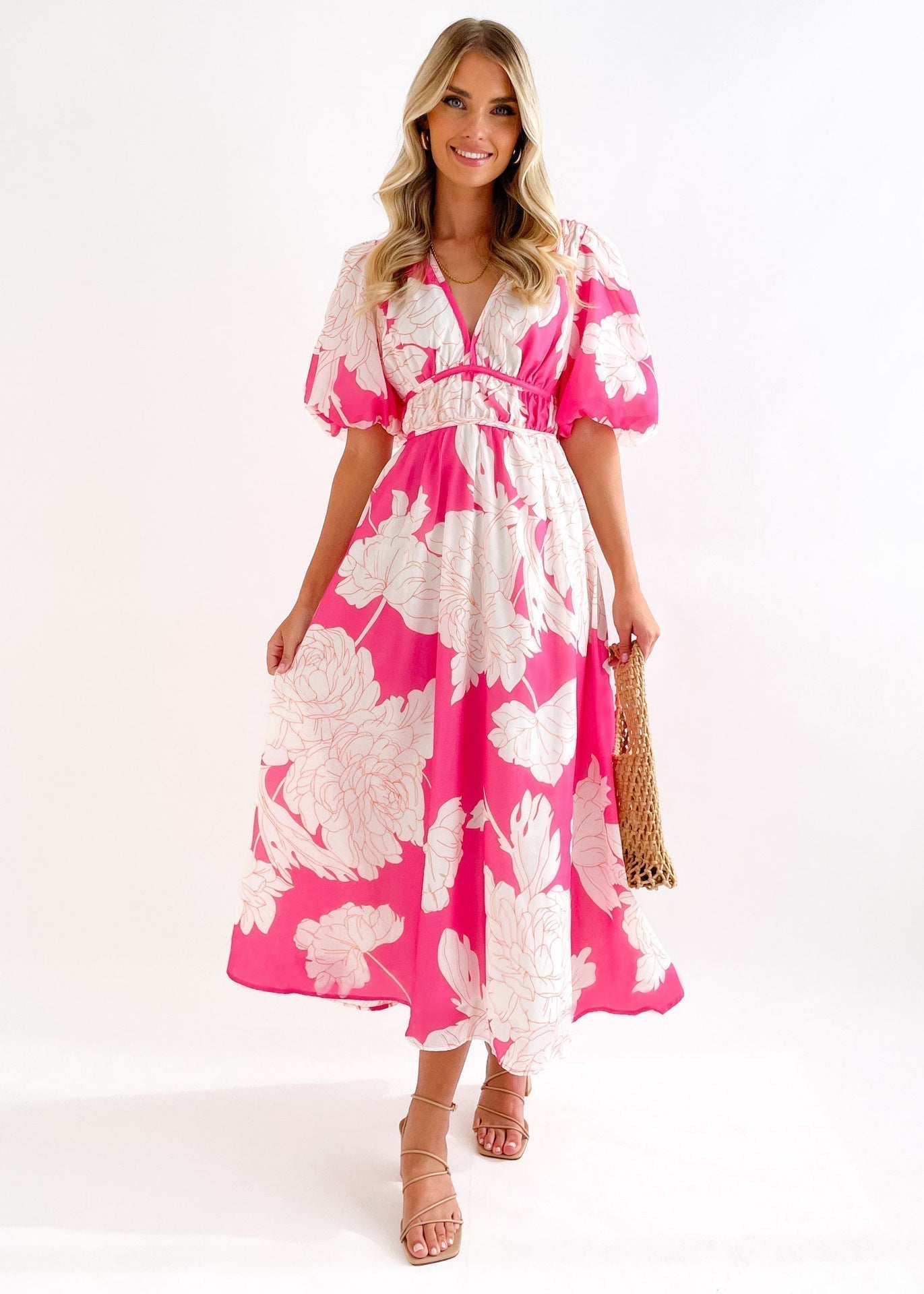 Dayana® | Long dress with V-neck and puff sleeves