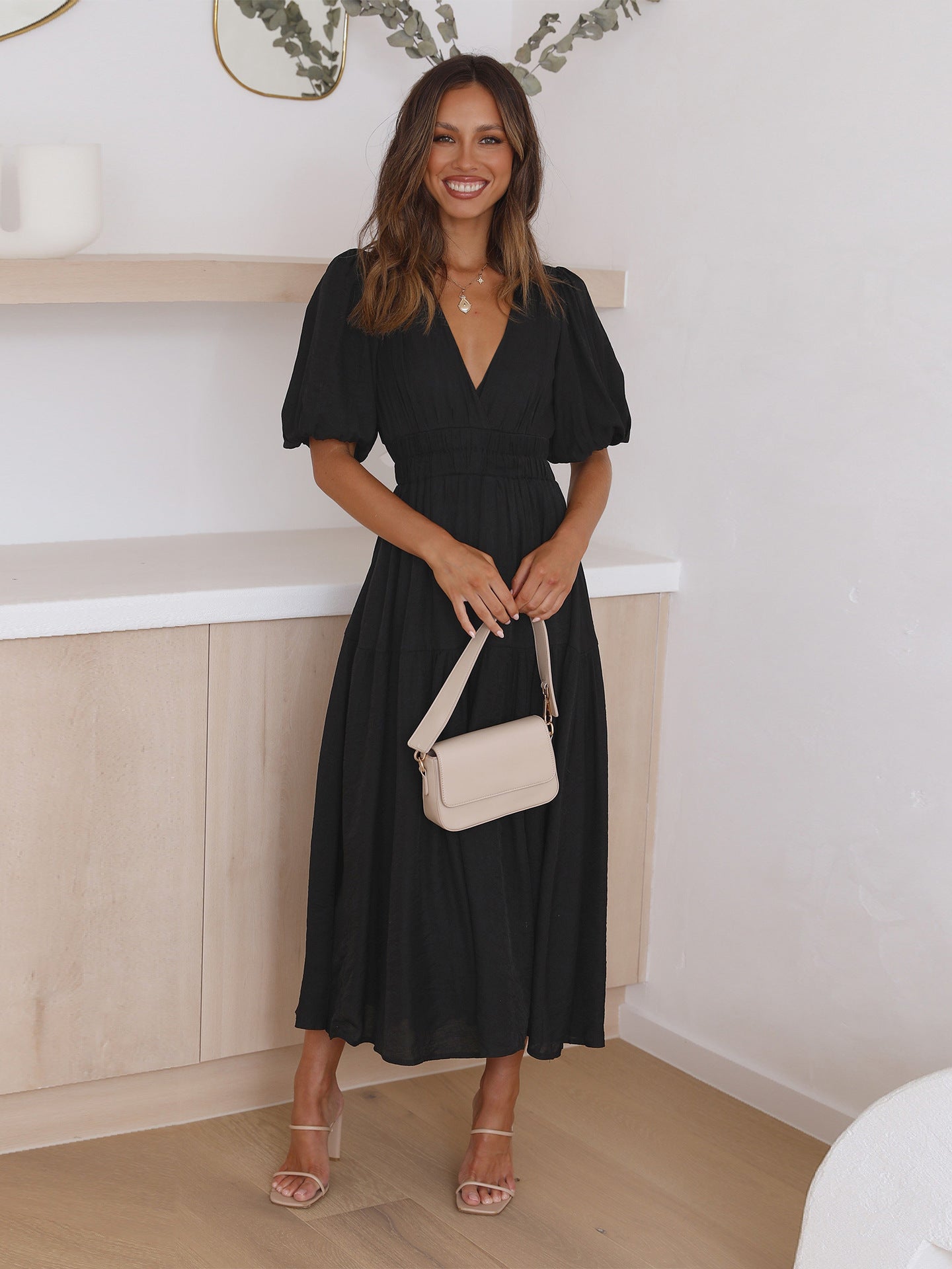 Claudia® | Ruffle midi dress with V-neck and puff sleeves