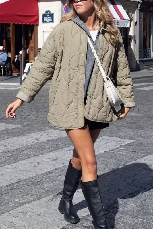 Casandra® | Solid Color Loose Round Neck Quilted Jacket