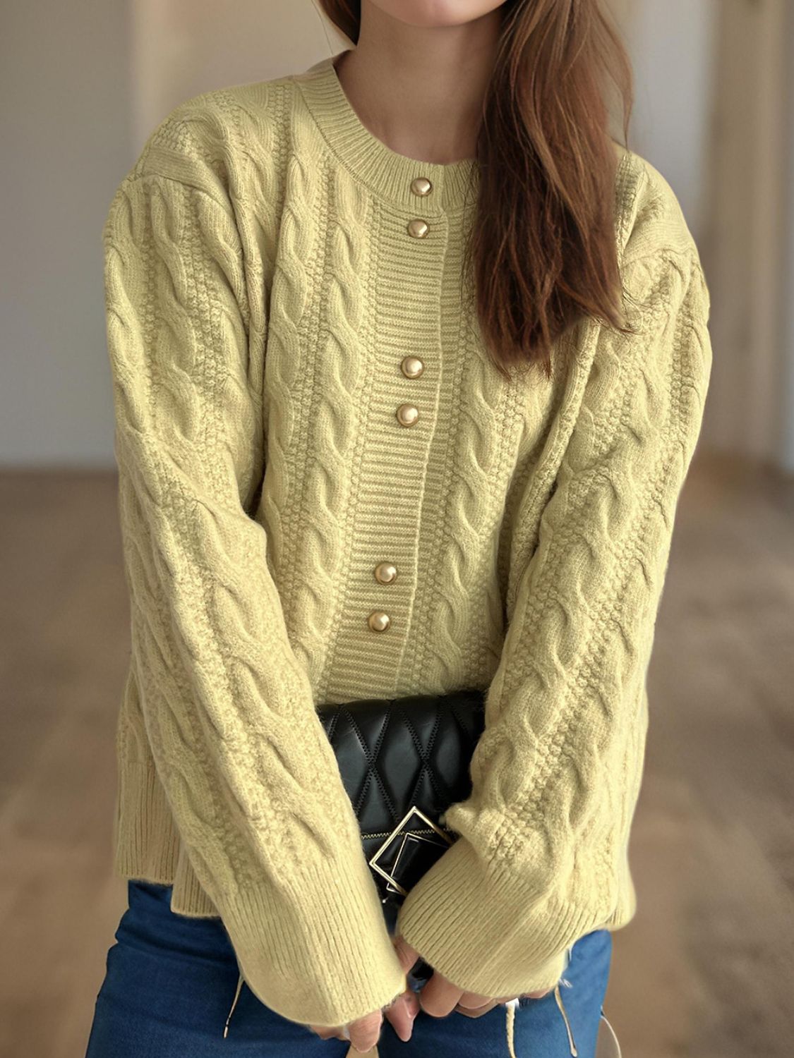 Cristina® | Cable knit cardigan with a crew neck and long sleeves