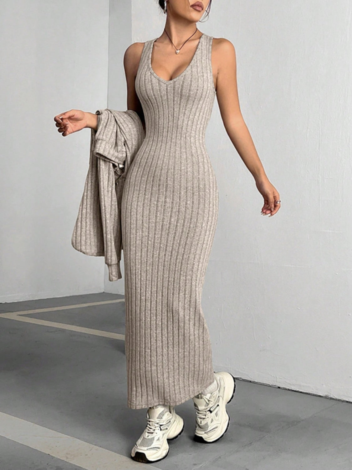 Clara® | Ribbed cropped hooded top and V-neck tank dress set