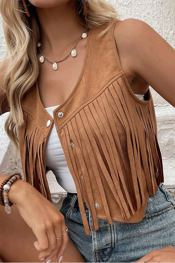 Clara® | Camel cropped suede effect vest with snap fasteners at the front and fringes