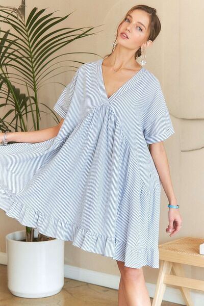 Clarisa® | Striped babydoll dress with ruffle hem and V-neck
