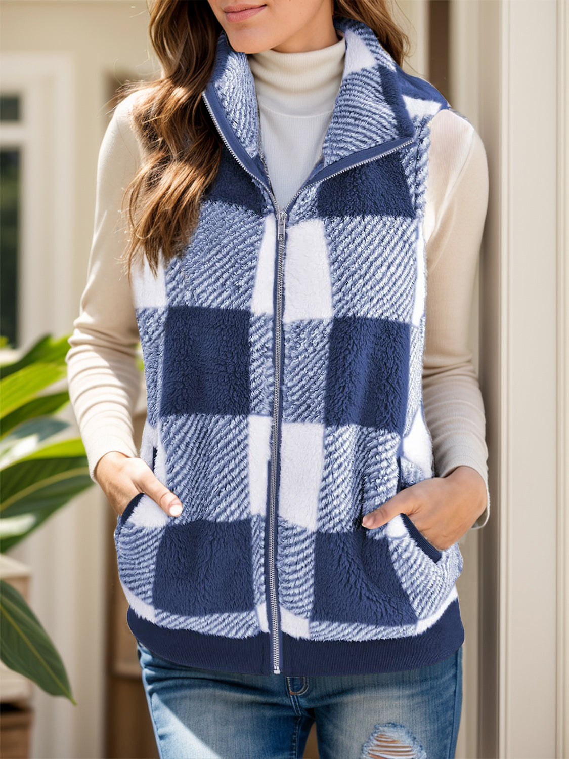 Anja® | Full size checked vest coat with pockets