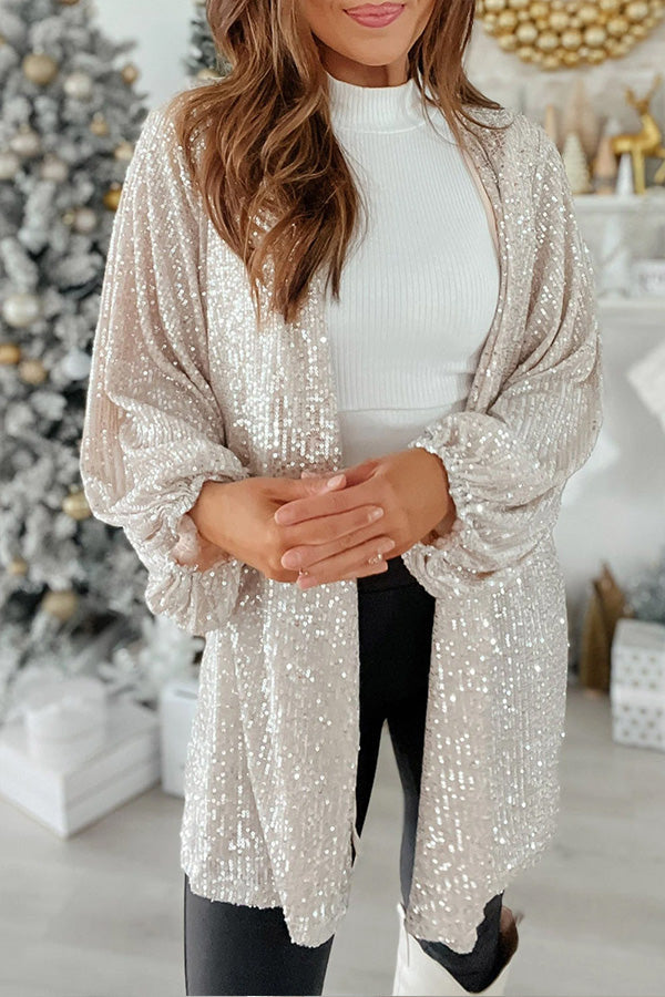 Aranza® | Apricot Sequin Bubble Sleeve Open Front Top