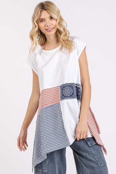 Elena® | Patchwork top with a crew neck and cap sleeves in a mineral wash