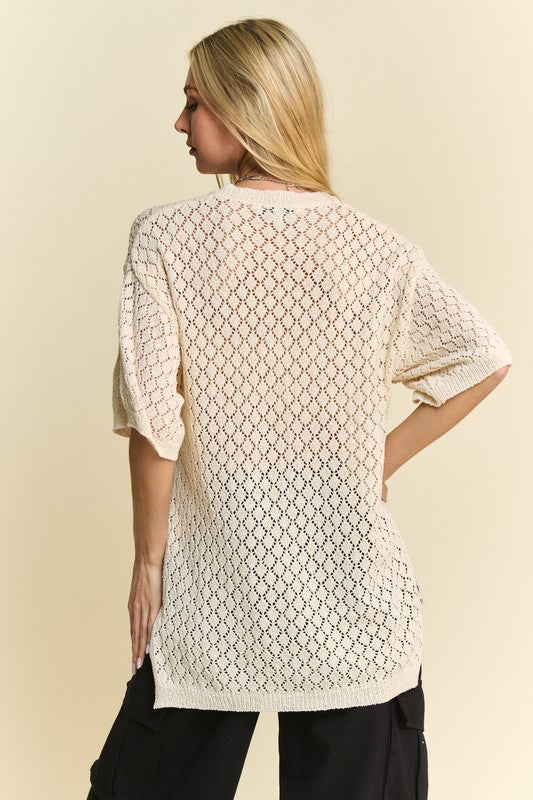 Alicia® | Side slit, openwork crew neck knit cover with half sleeves