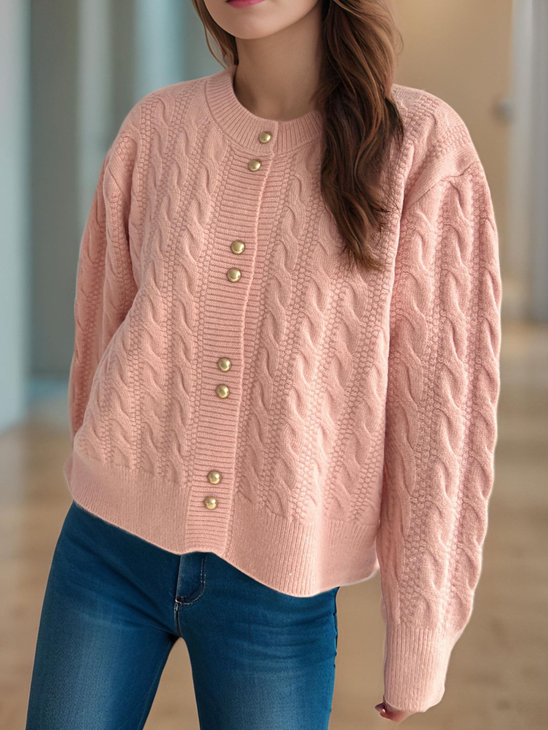Cristina® | Cable knit cardigan with a crew neck and long sleeves