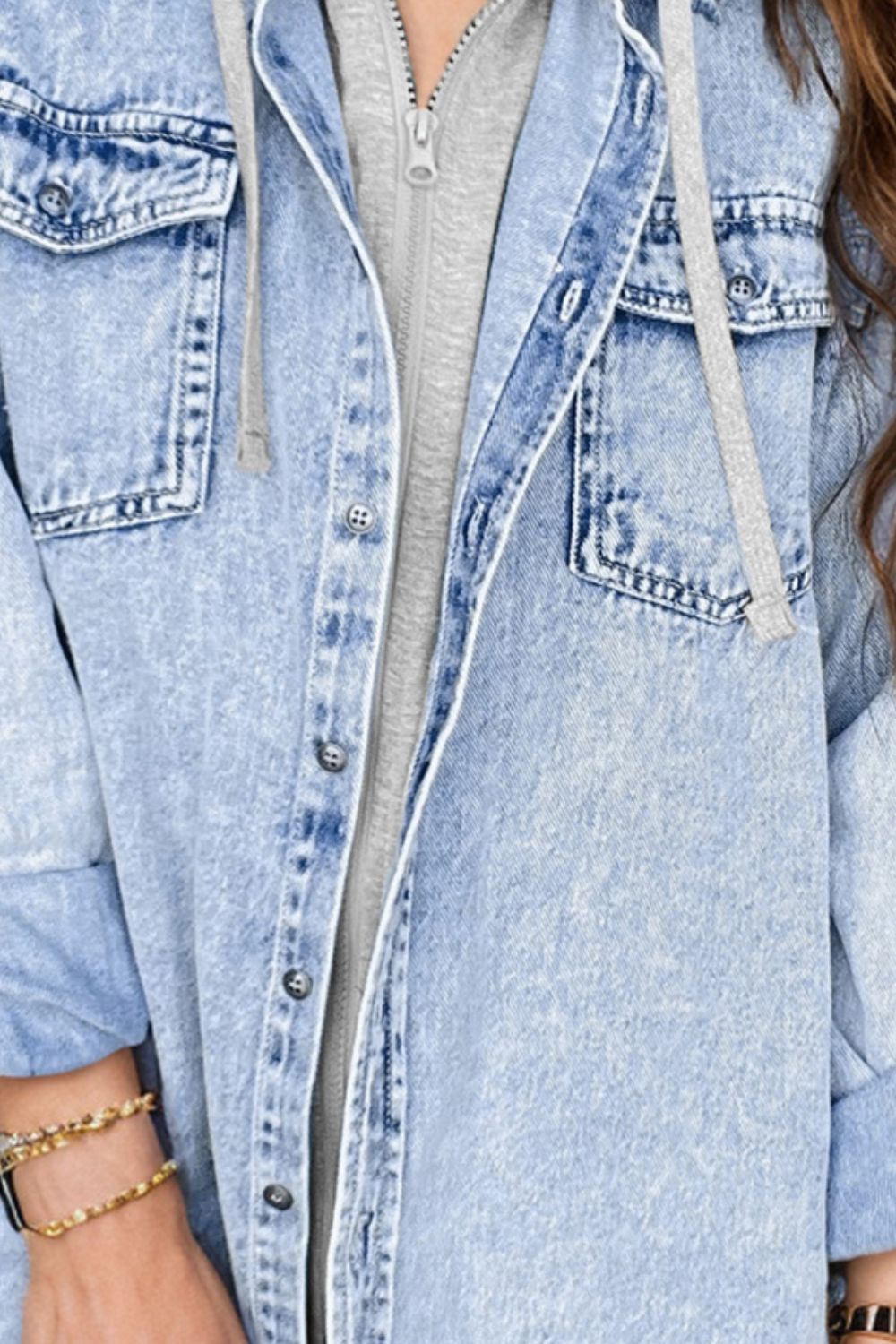 Aurora® | Long-sleeved distressed button-down denim jacket