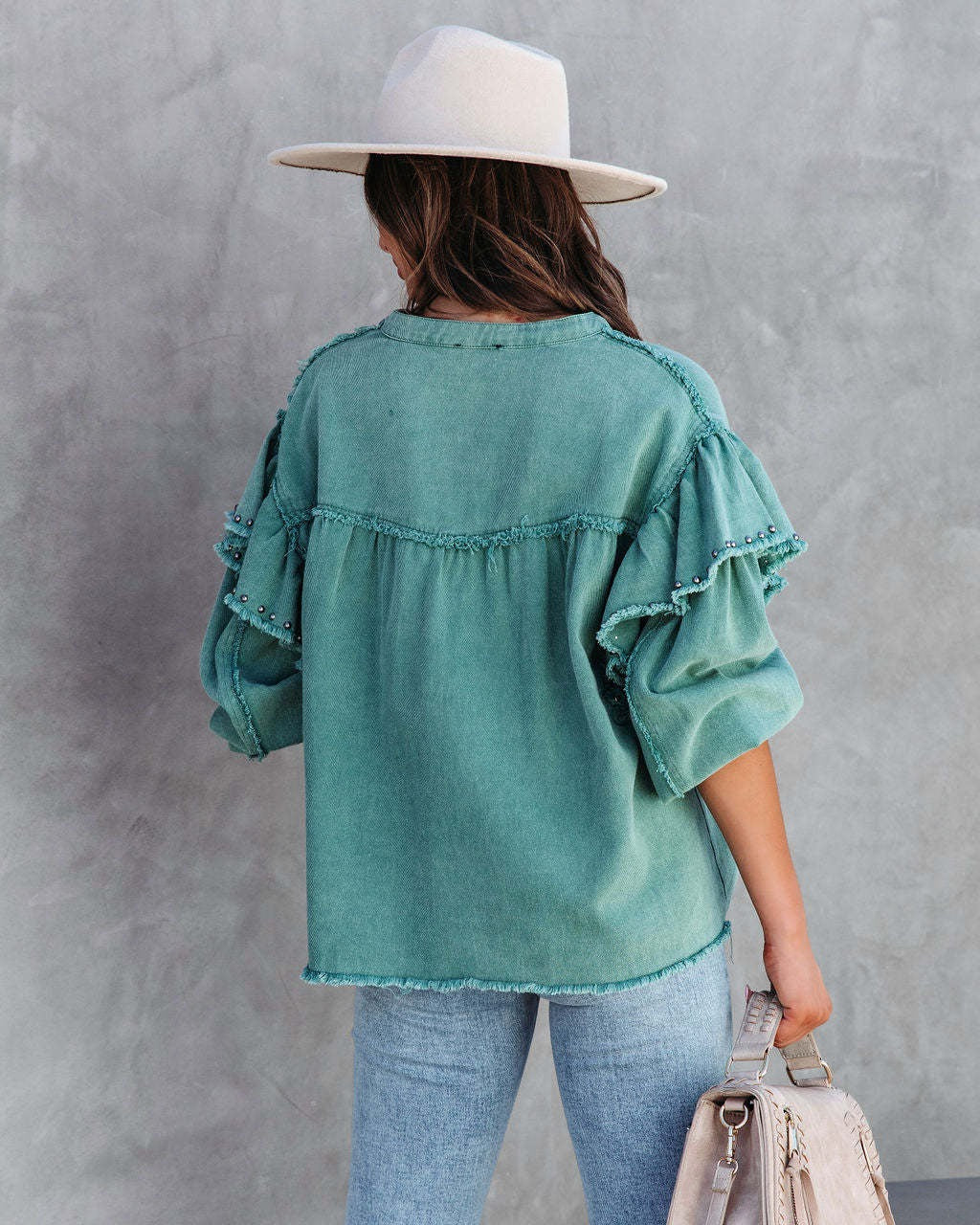 Breadon® | Denim Blouse With Pearls And Ruffle Sleeves
