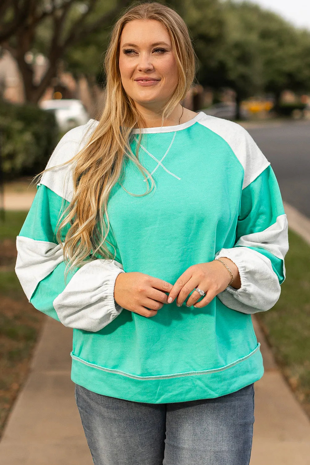 Elena® | Plus size color block long sleeve sweatshirt with exposed seams