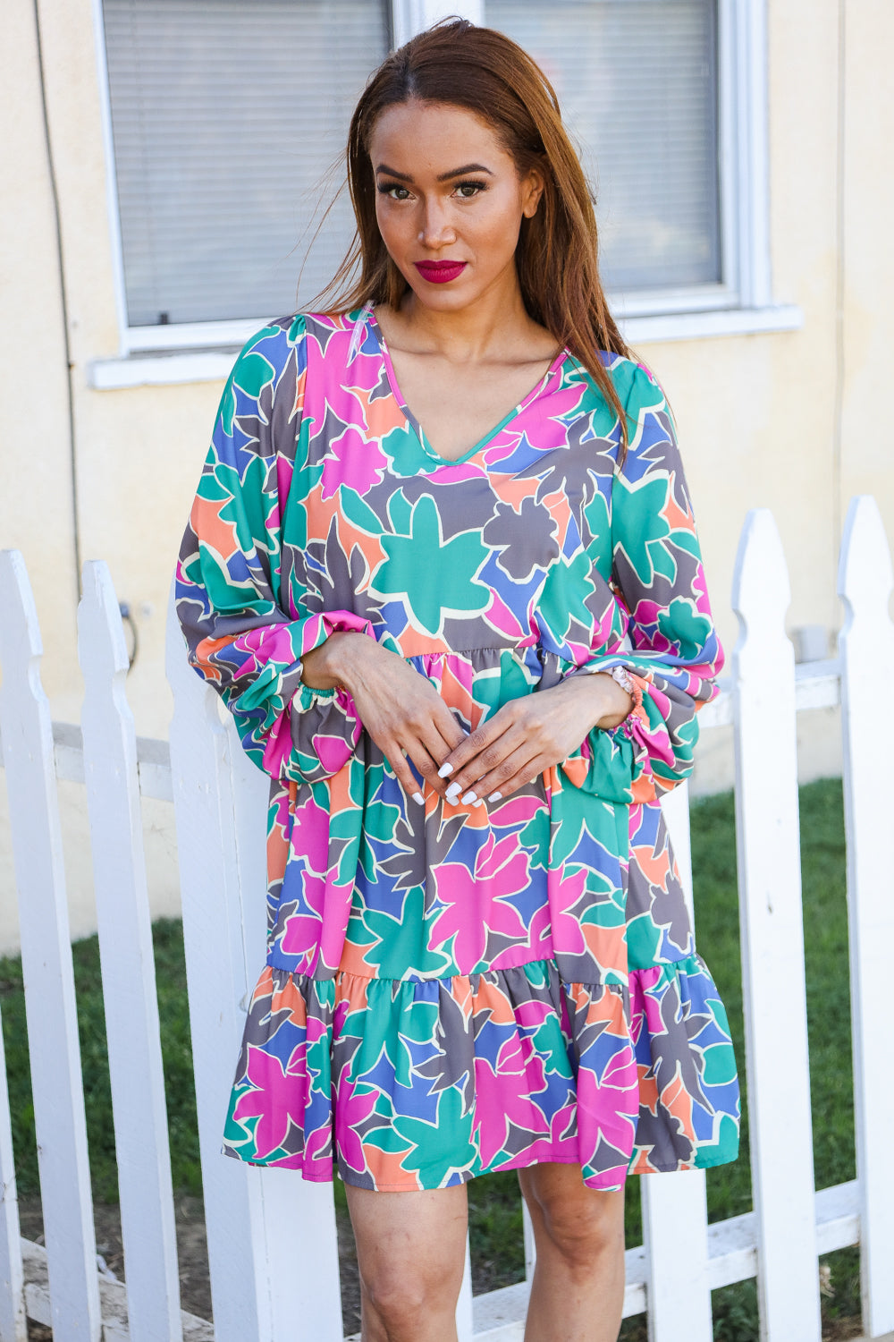 Eliza® | Lock Eyes long sleeve V-neck babydoll dress with ruffle hem in stone/green