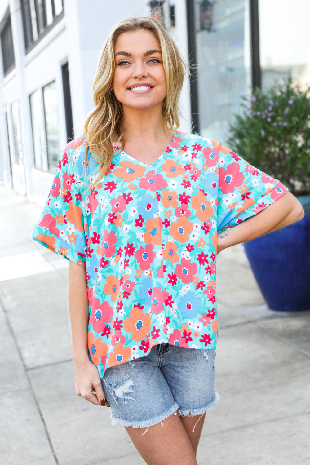 Aurelia® | Under Your Spell mint floral V neck flat top