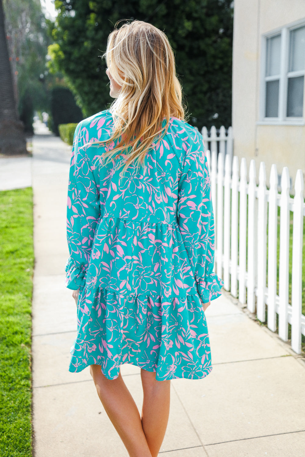 Astra® | Boho Romance Mint tiered floral print front dress with bow