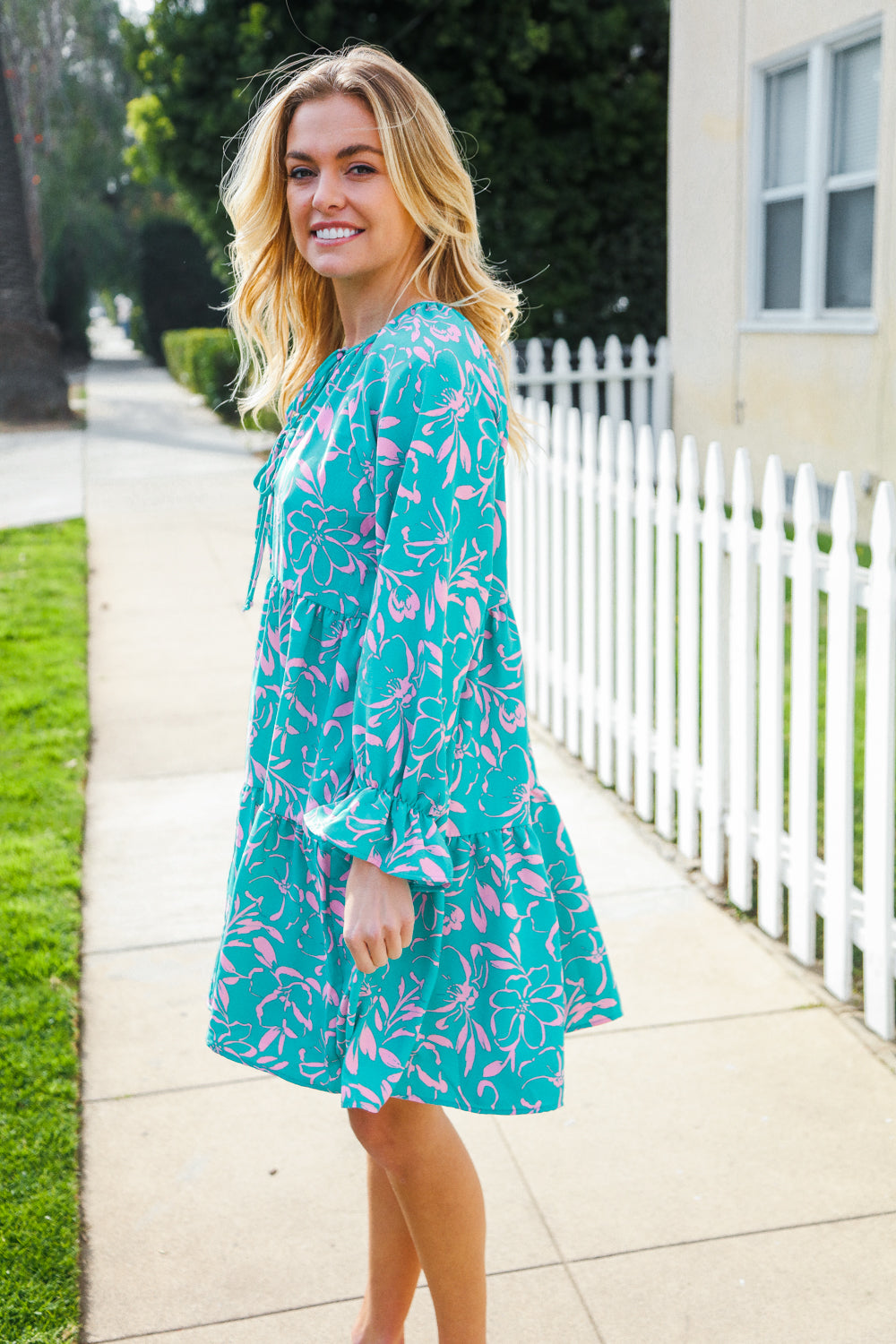 Astra® | Boho Romance Mint tiered floral print front dress with bow