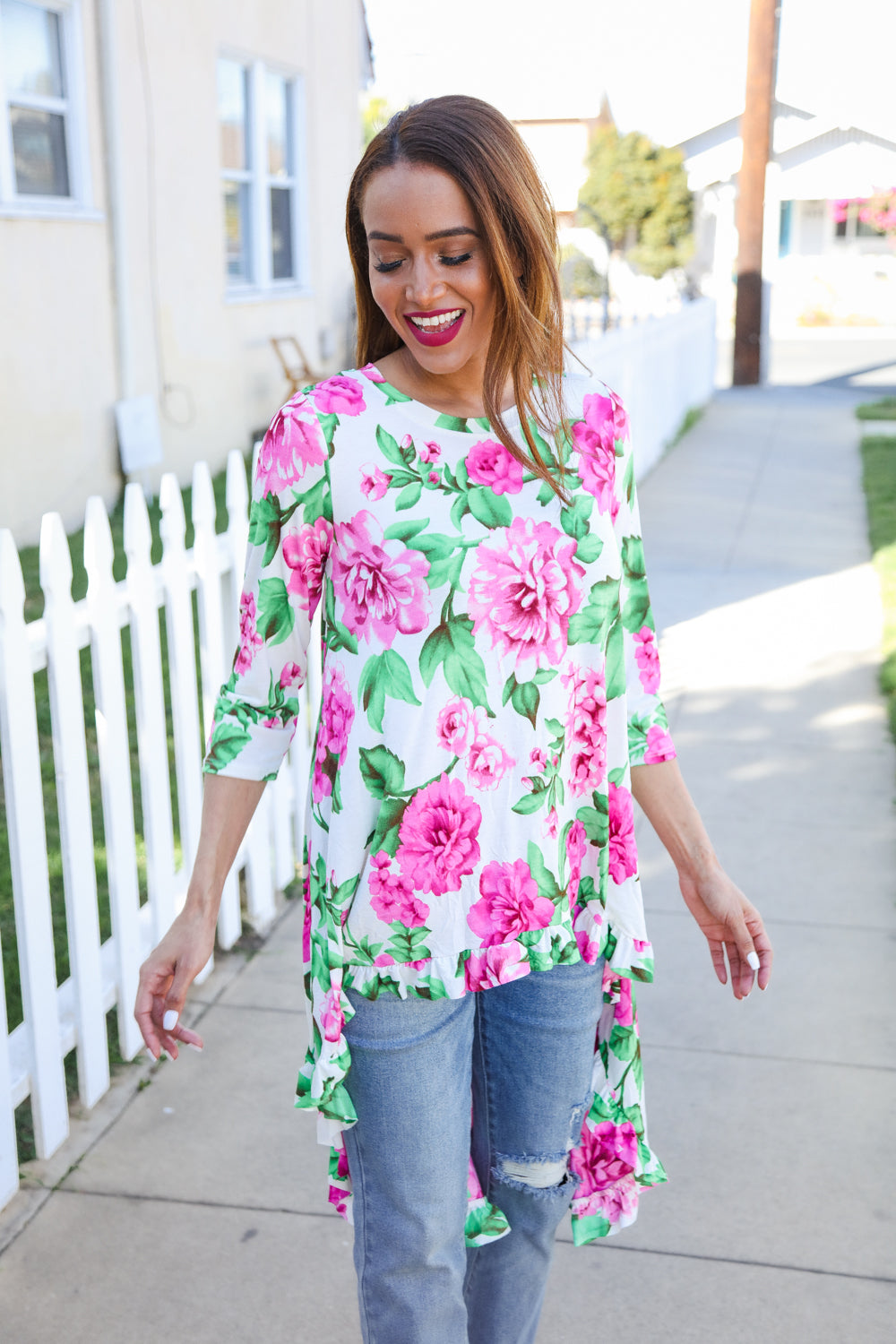 Cassia® | Large floral hi-lo knit top with ruffle hem