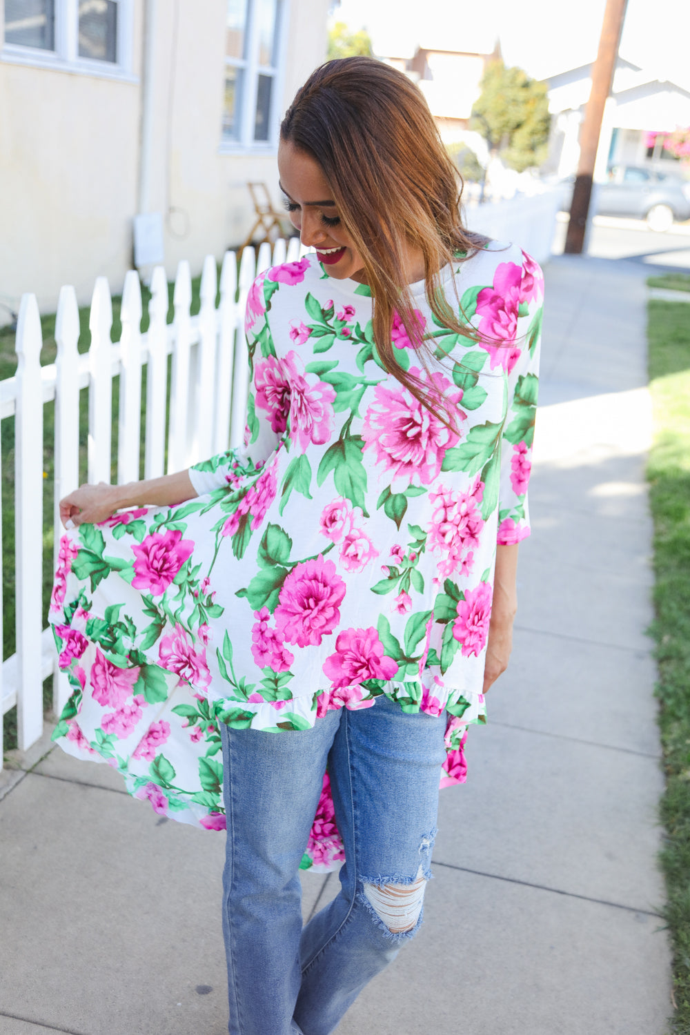 Cassia® | Large floral hi-lo knit top with ruffle hem