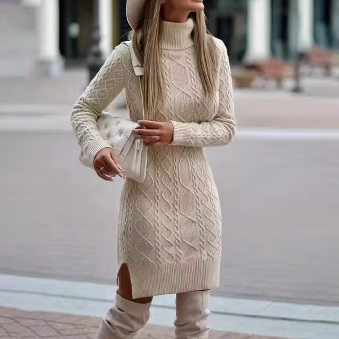 Women’s Knitted Dress – Slim Fit – Turtleneck – Cable Knit – Midi Length – Long Sleeve