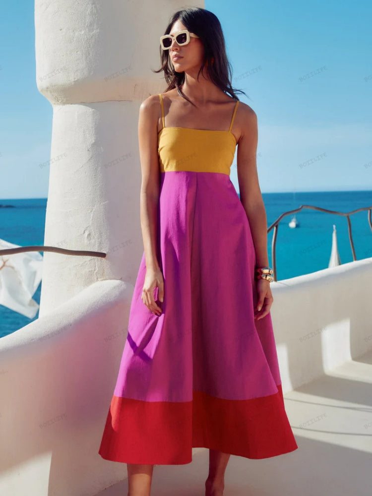 Selena | Chic Color Block Spaghetti Strap Dress for Summer Elegance