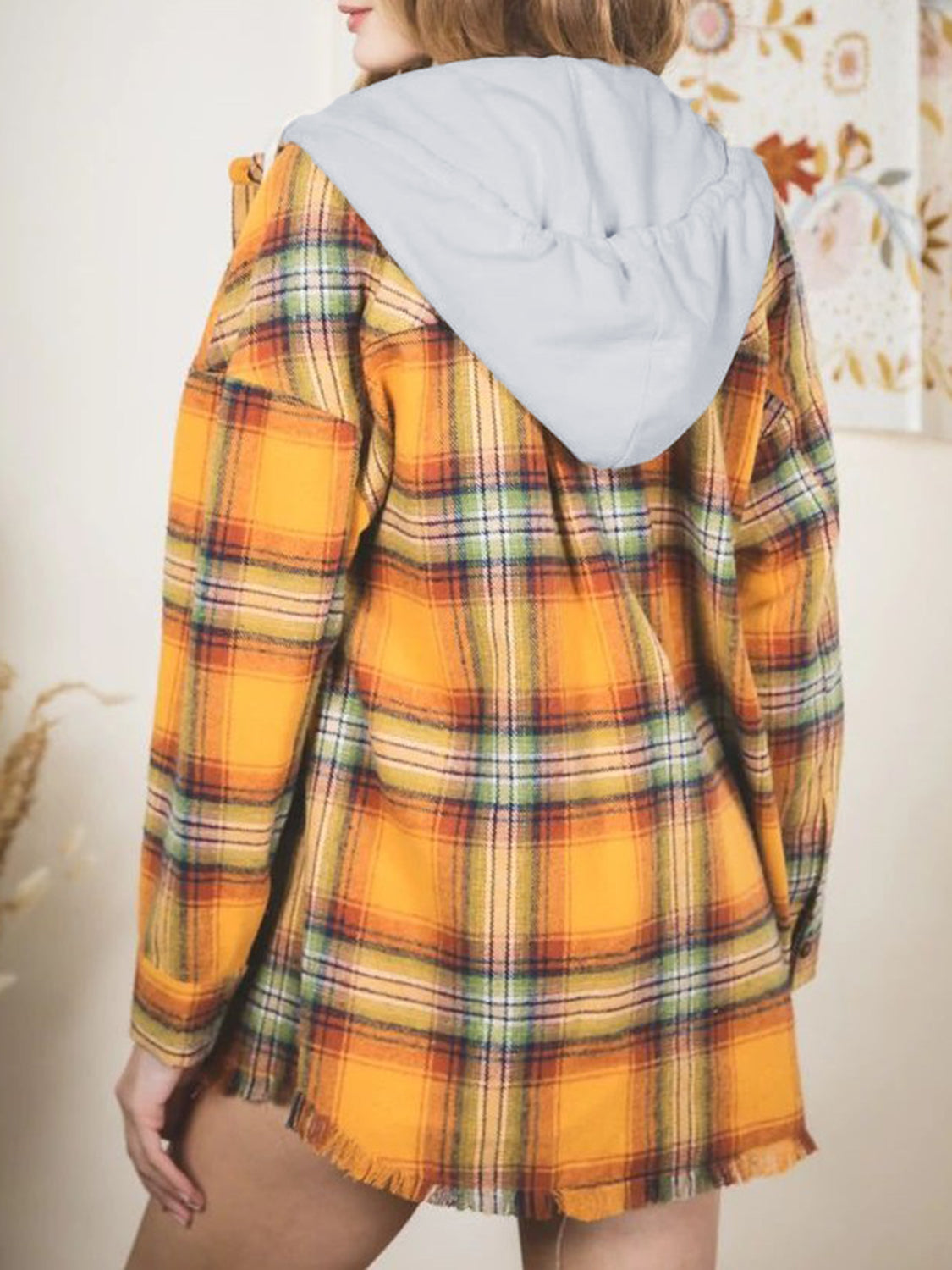 Carmen® | Checked long sleeve hooded jacket with raw hem