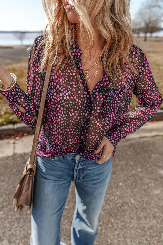 Celia® | Wine red buttoned casual shirt with polka dot print