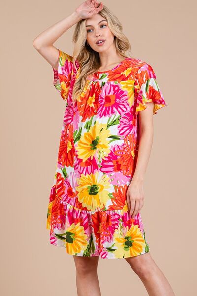 Cordelia® | Short sleeve dress with floral pattern and ruffles