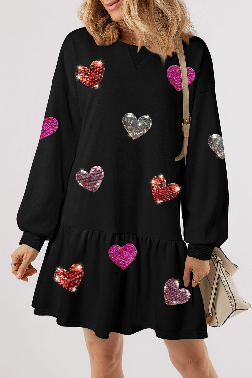 Andrea® | Long sleeve mini dress with sequins and a heart round neckline