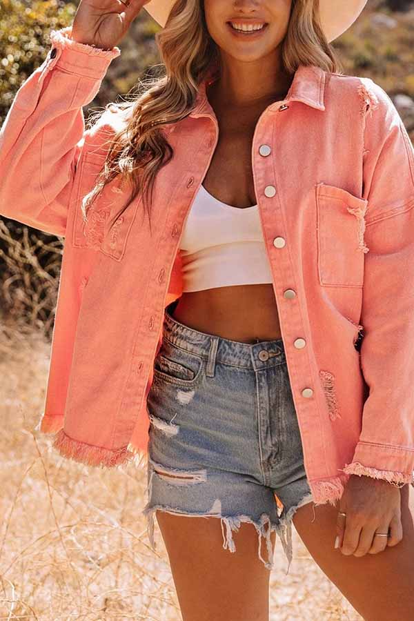 Danna® | Distressed Raw Hem Denim Jacket with Chest Pockets