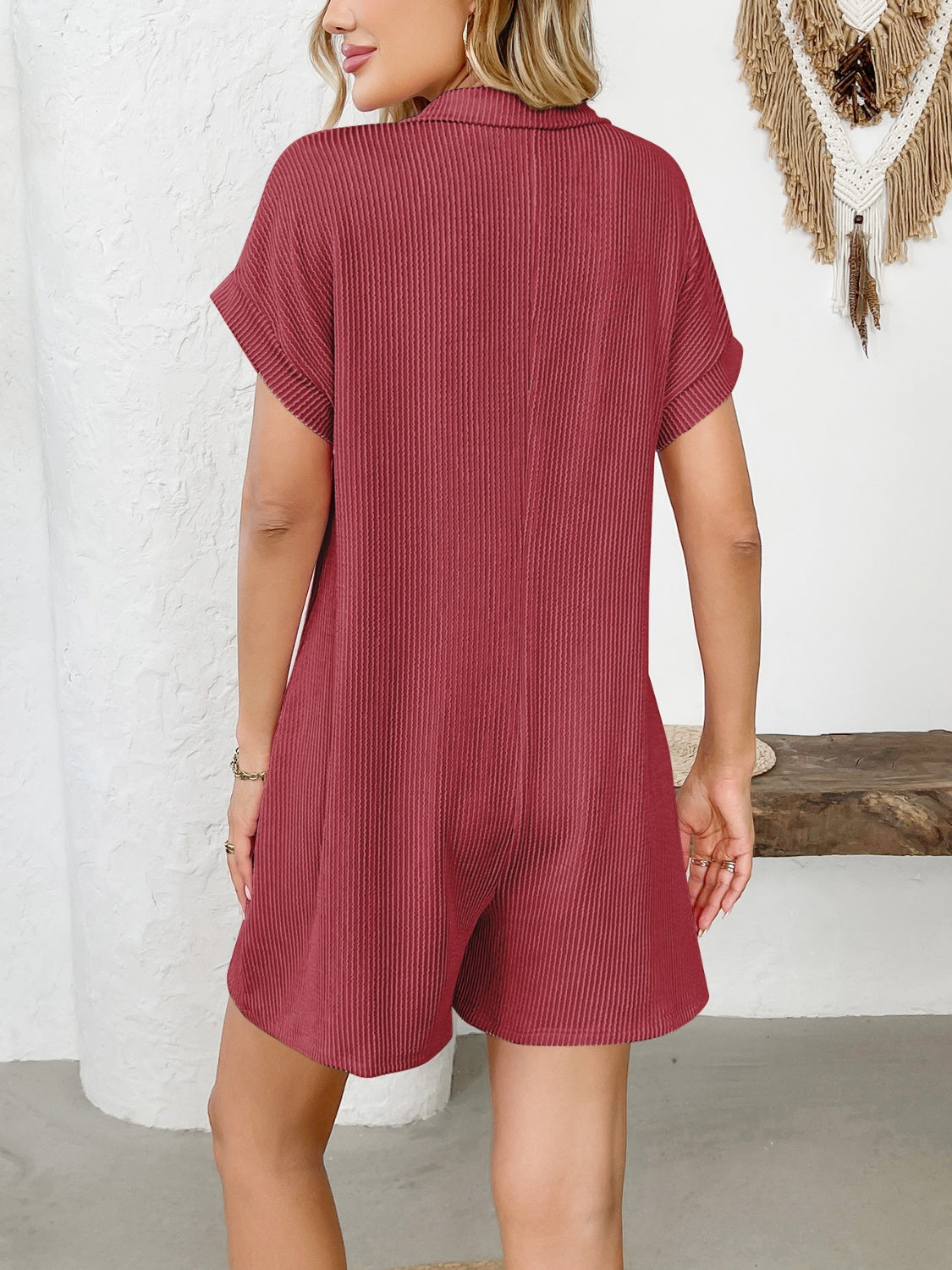 Camila® | Short sleeve romper with button detail and collar
