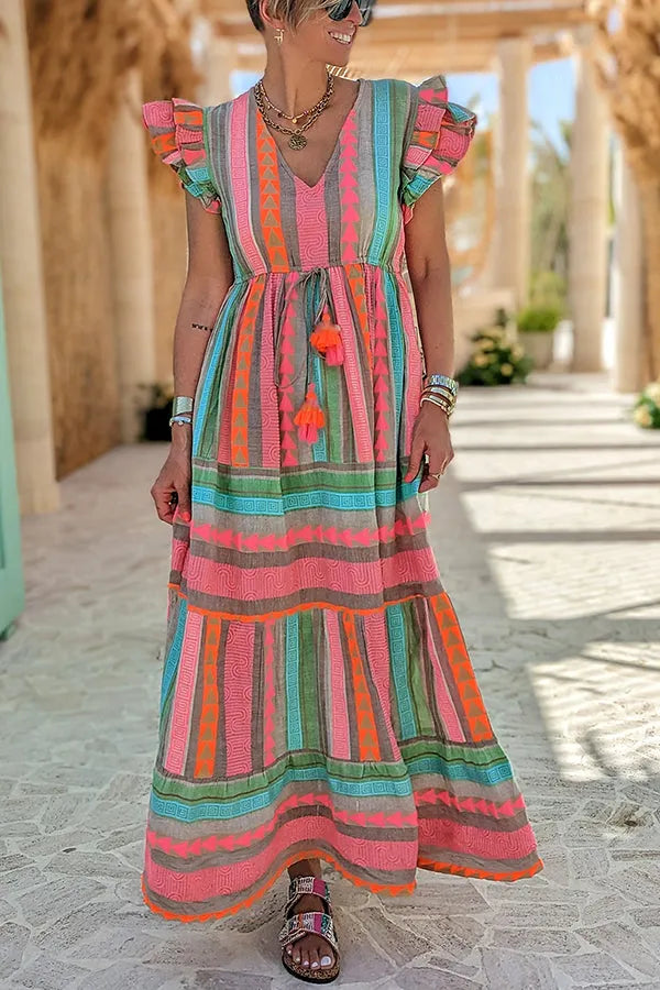 Belén® | Sunlit Magic linen blend maxi dress with ethnic print, ruffle sleeves and tassels