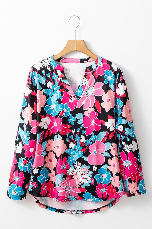 Constance® | Pink floral V-neck blouse with tab sleeves