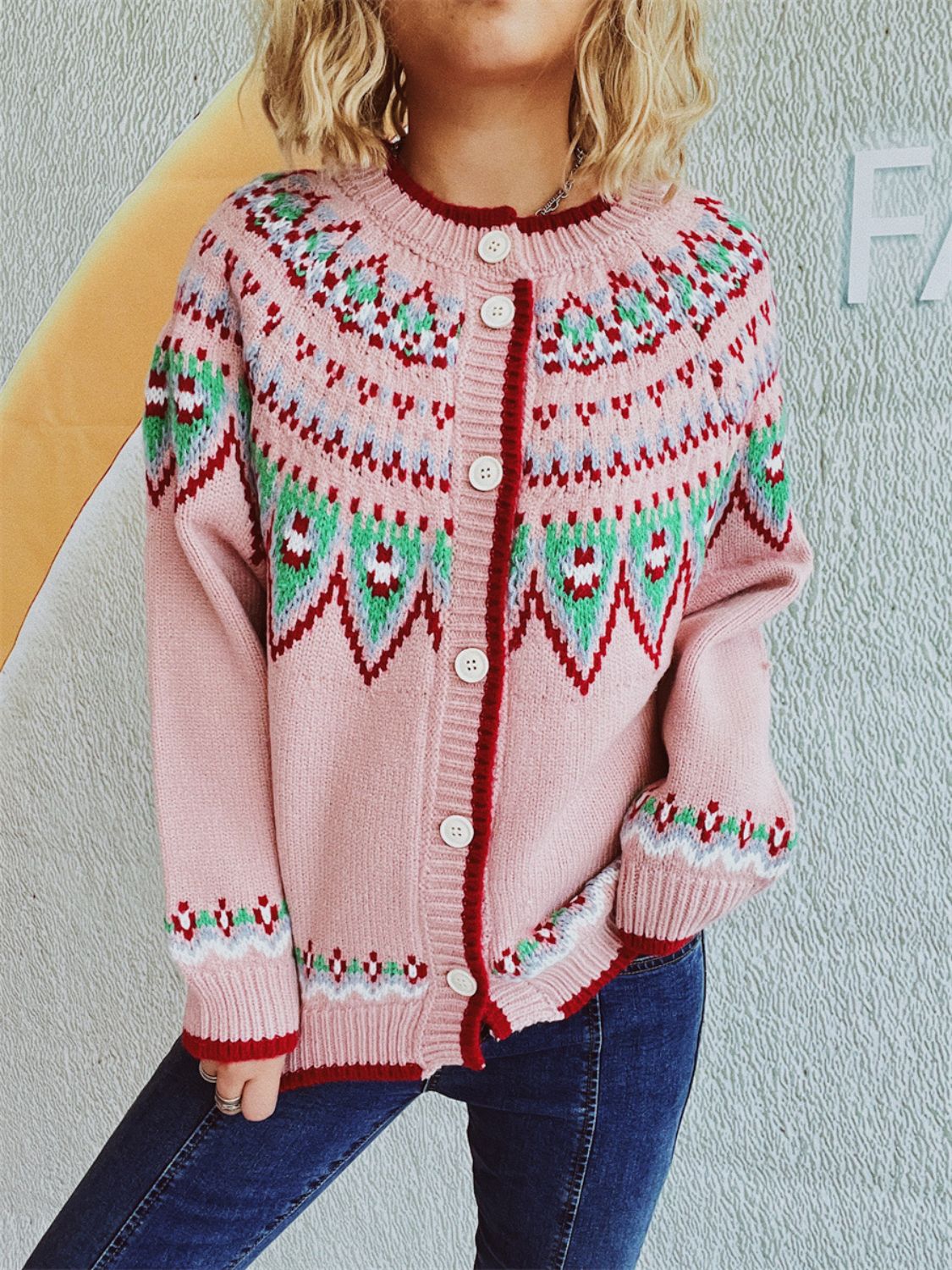 Diana® | Long sleeve cardigan with a contrasting geometric crew neck