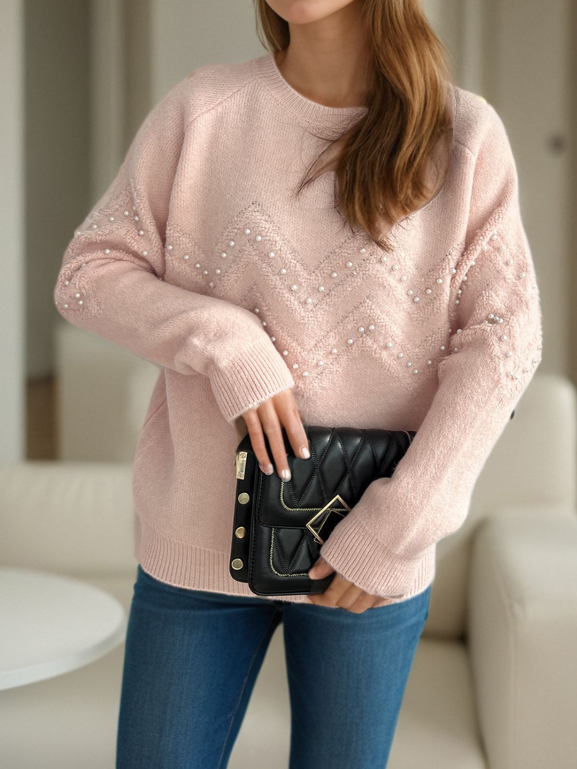 Concepcion® | Round neck sweater with raglan sleeves and pearl trim