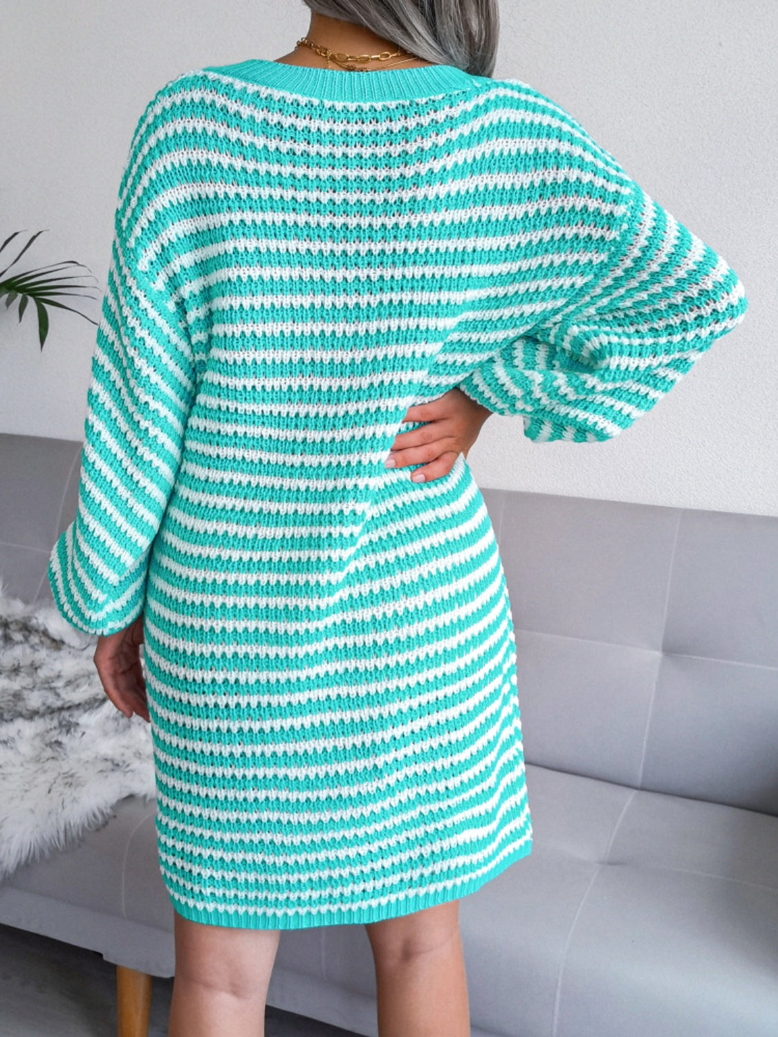 Ashley® | Striped mini sweater dress with V-neck and long sleeves