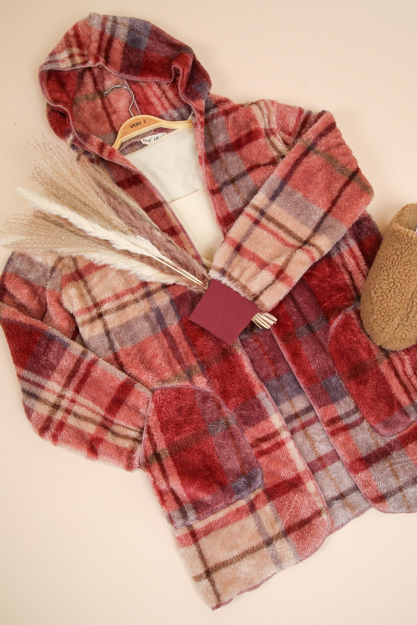 Araceli | VERY J Fuzzy Plaid Long Sleeve Hooded Jacket