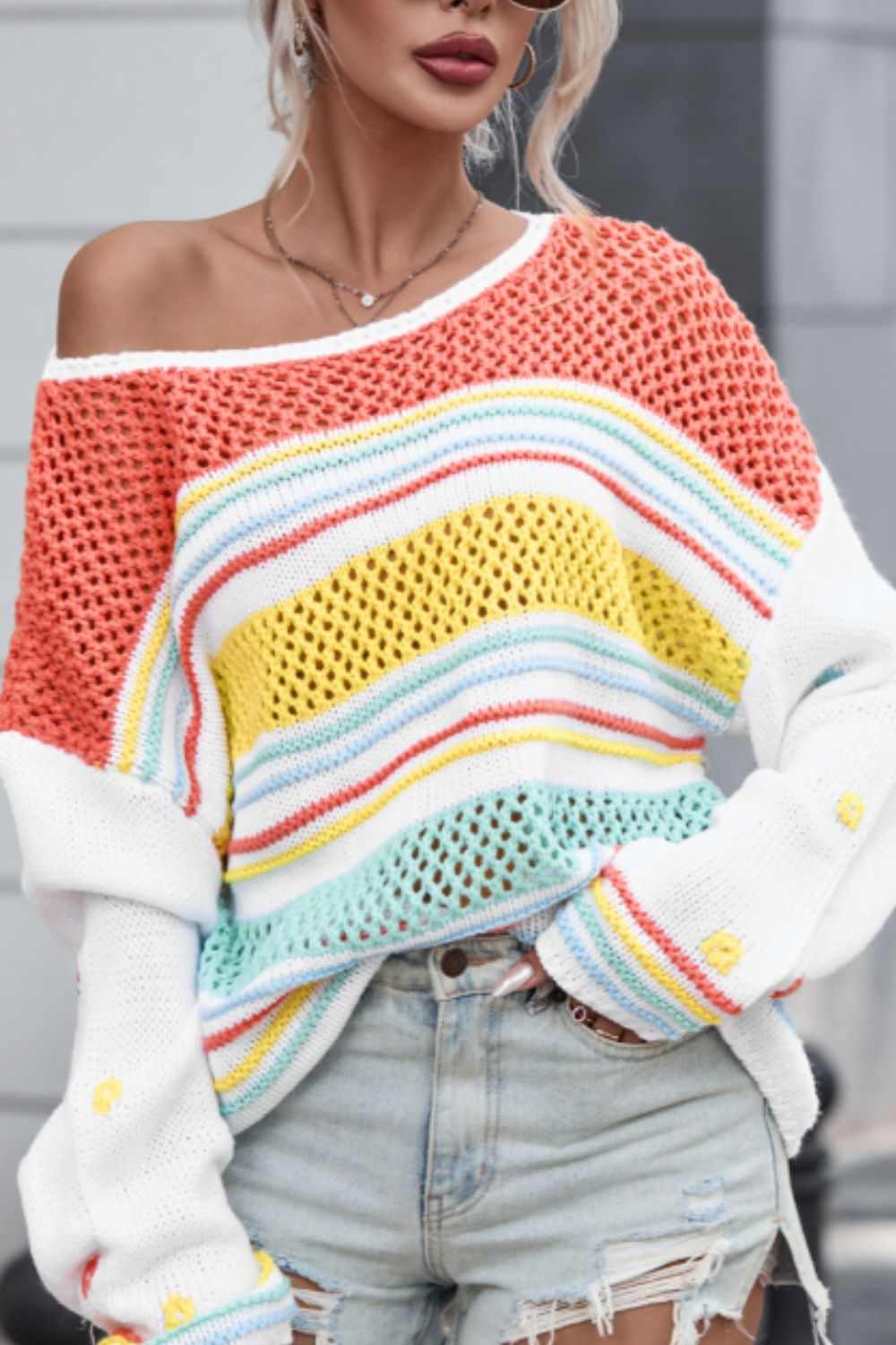 Elara® | Hollow striped color block crew neck sweater