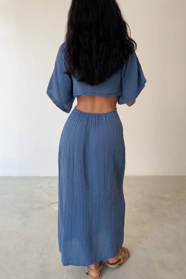Elda® | Lace-up cotton and linen dress with exposed waist