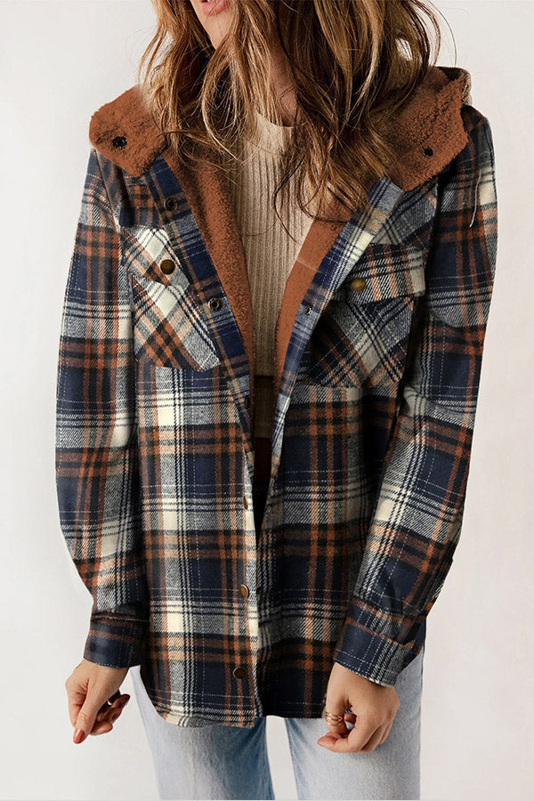 Agustina® | Snap Button Sherpa Lined Hooded Flannel Jacket