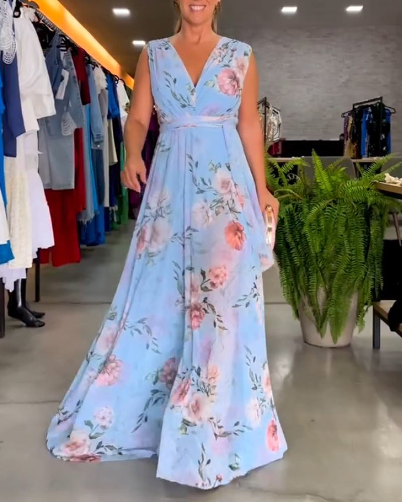 Barbara® | Elegant V-neck sleeveless dress with floral print