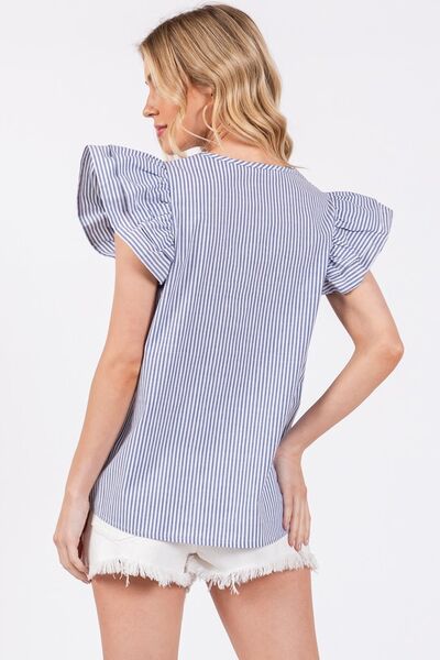 Doris® | Striped blouse with a V-neck and ruffled cap sleeves