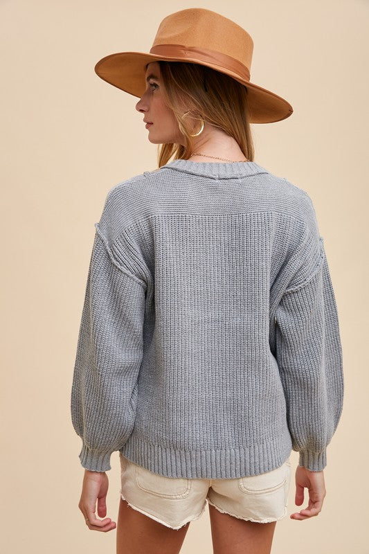Delilah® | Half button sweater with ribbed hem