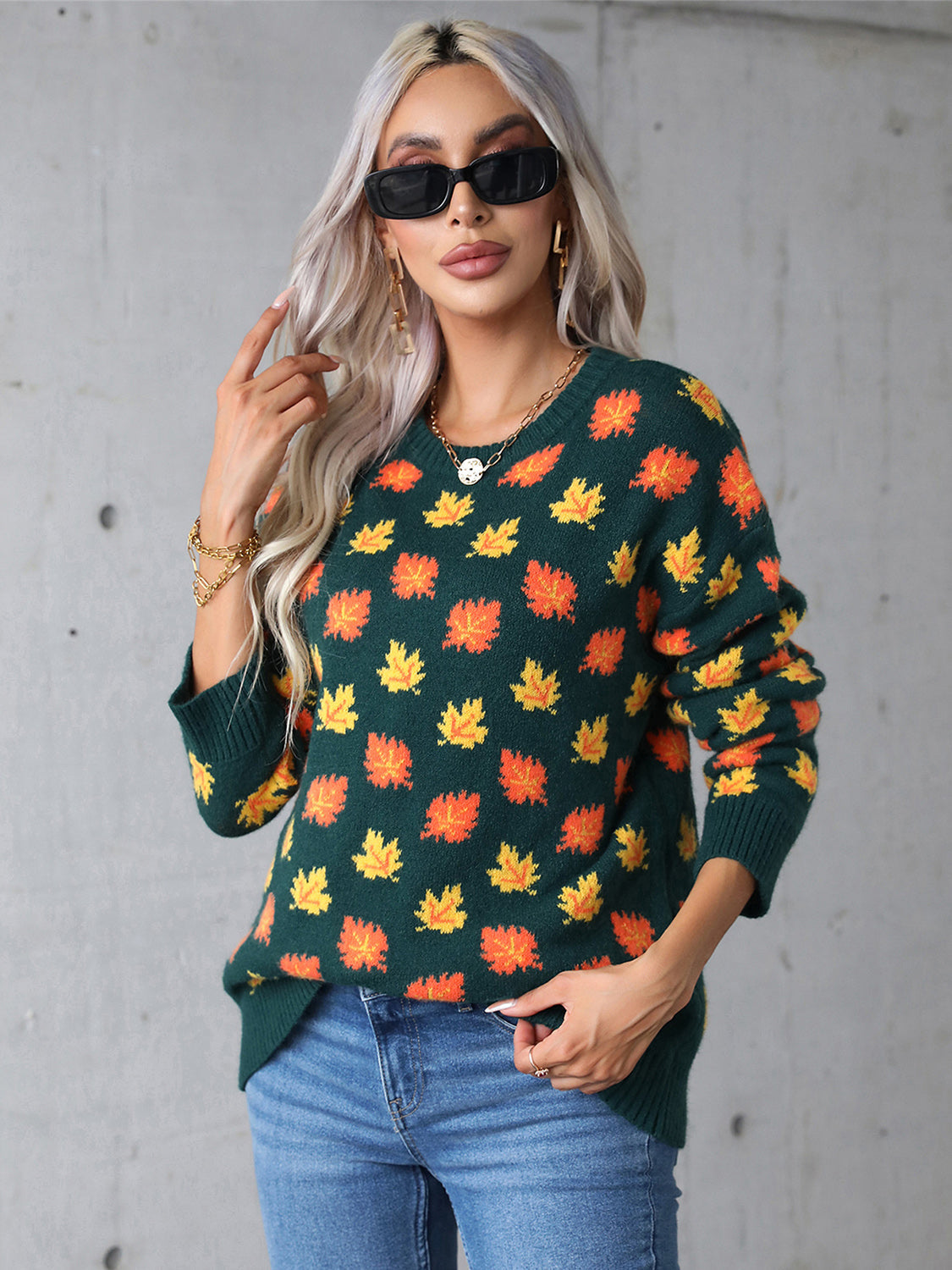 Araceli® | Maple leaf long sleeve crew neck sweater