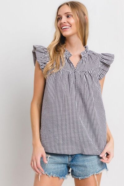Bianca® | Checked notched ruffle cap sleeve blouse